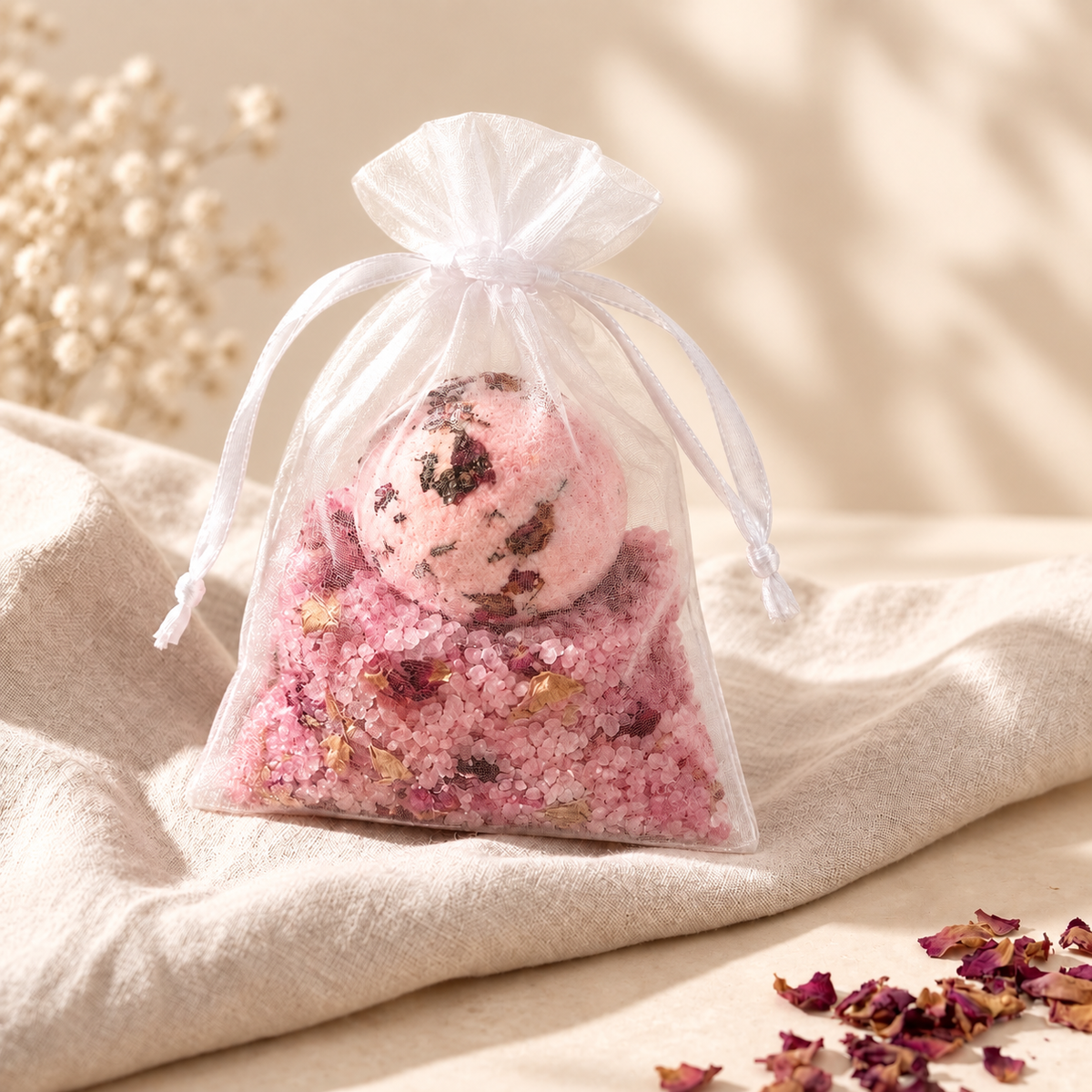 Badesalz & Badekugel im Säckchen Rose