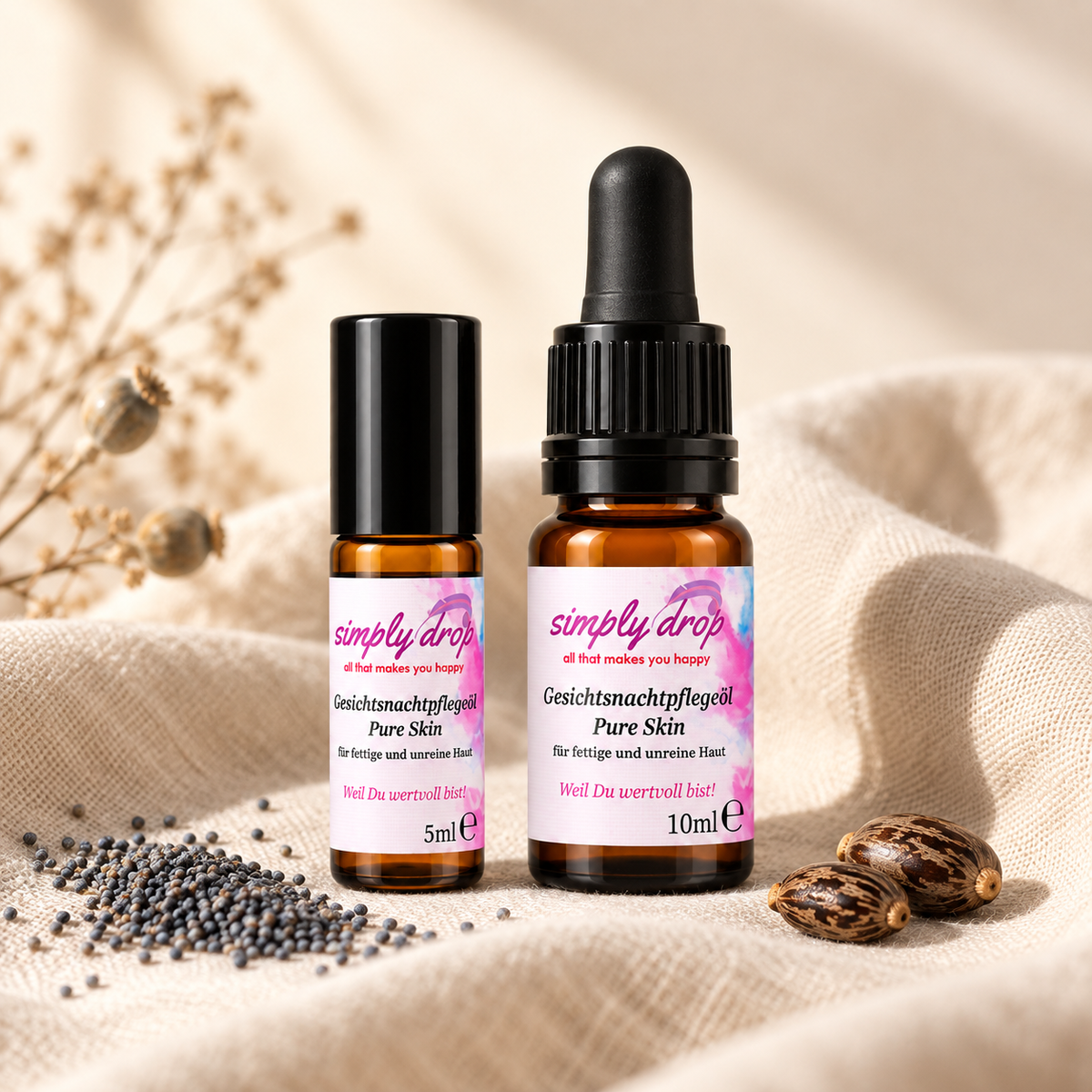 Gesichtsnachtpflegeöl Pure Skin 5 ml Roll-On und 10 ml Pipette