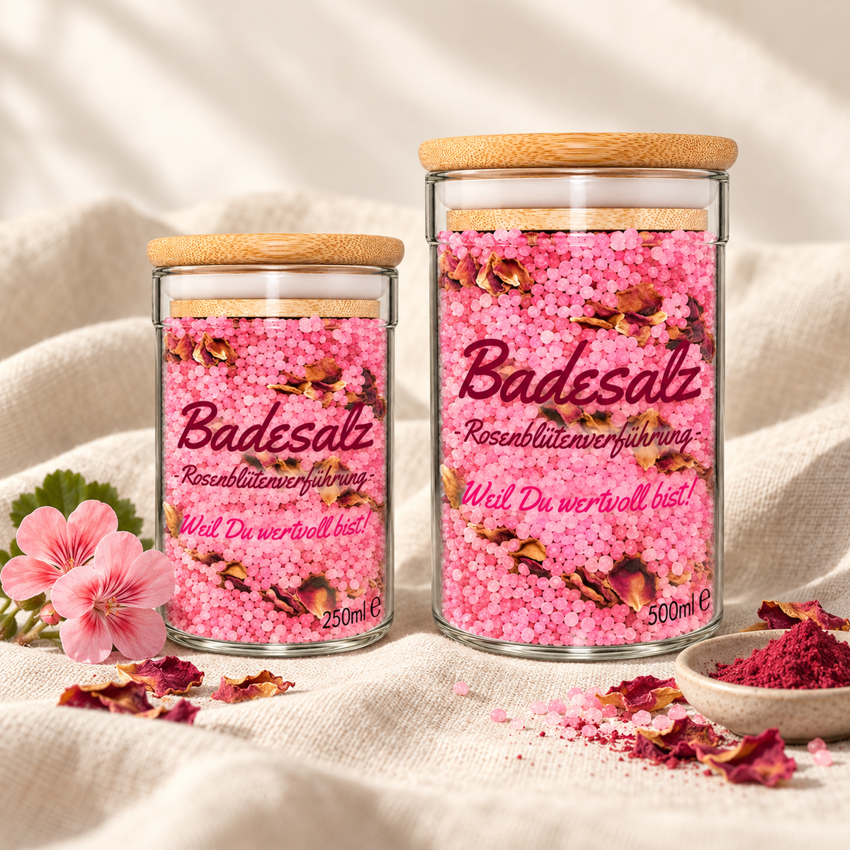 Badesalz Rosenblütenverführung 250 ml und 500 ml