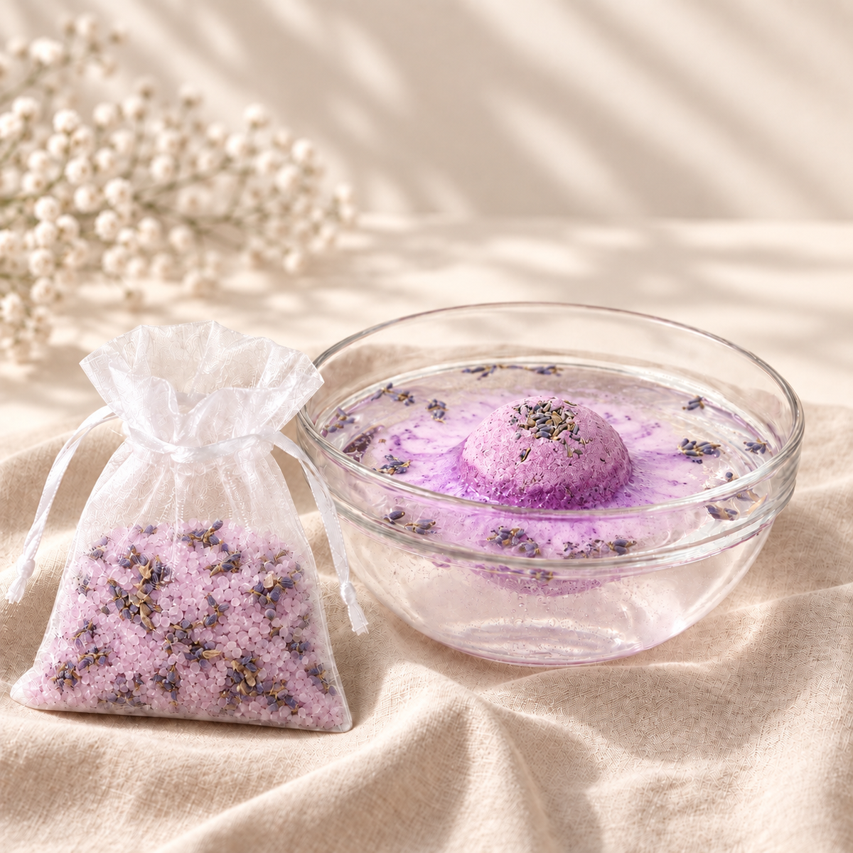 Badesalz & Badekugel im Säckchen Lavendel in der Anwendung