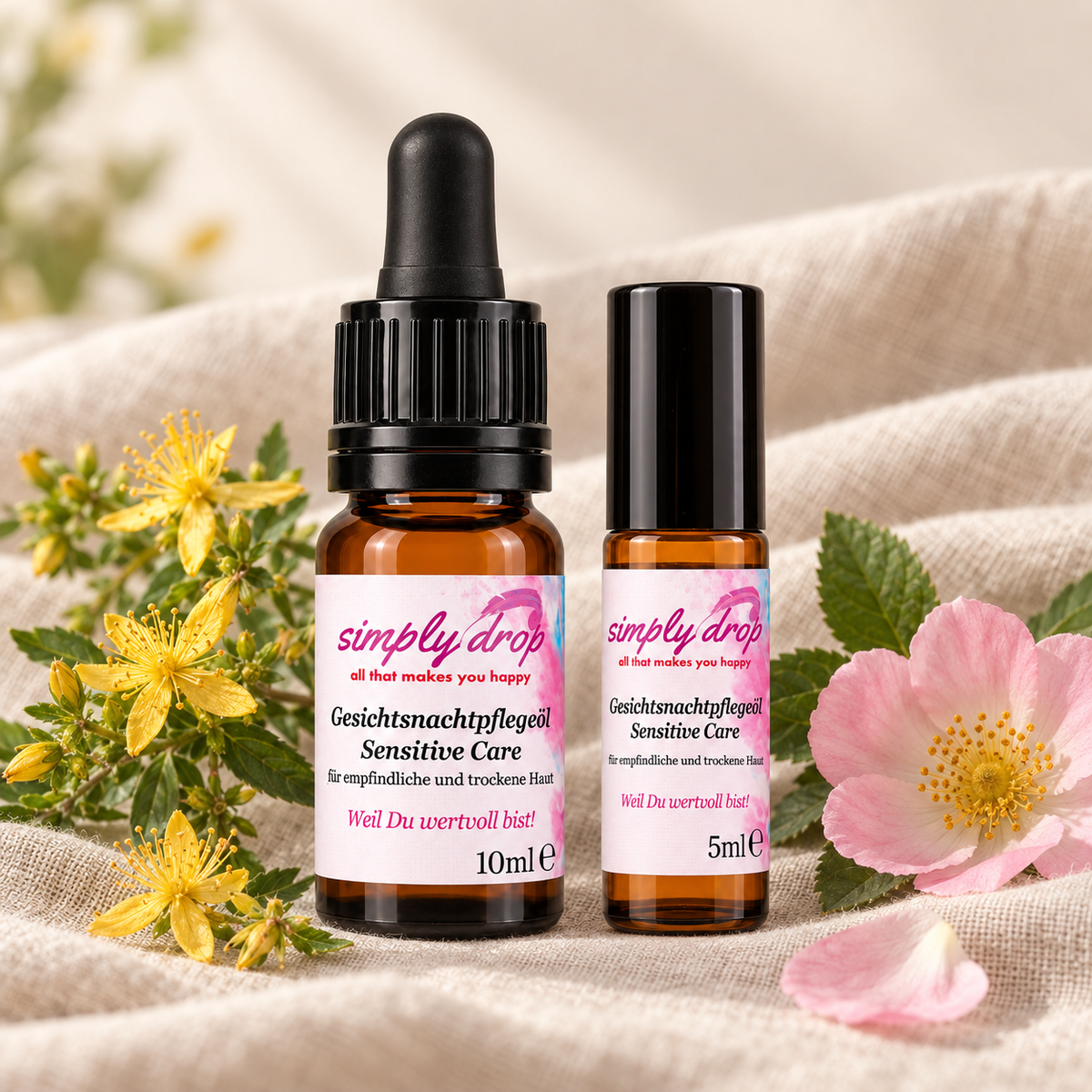 Gesichtsnachtpflegeöl Sensitive Care 10 ml Pipette und 5 ml Roll-On