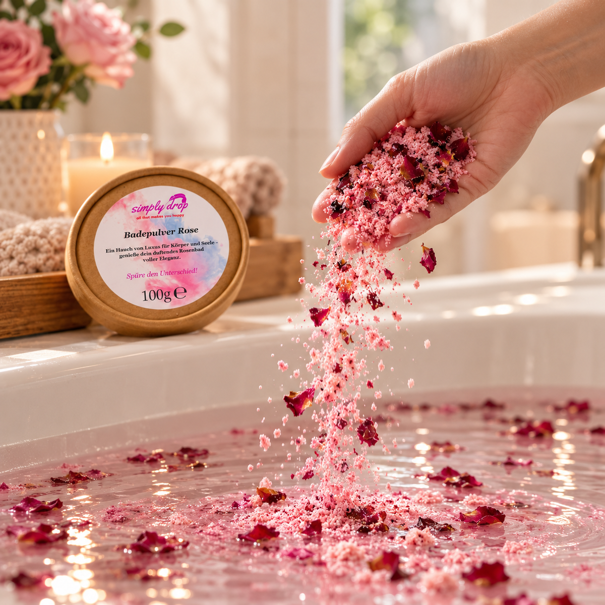 Badepulver Rose in der Anwendung
