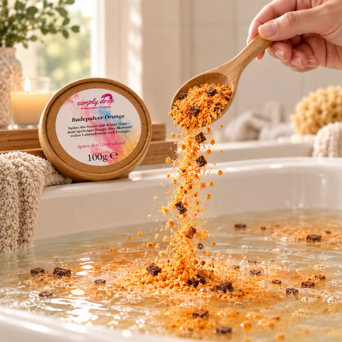Badepulver Orange in der Anwendung