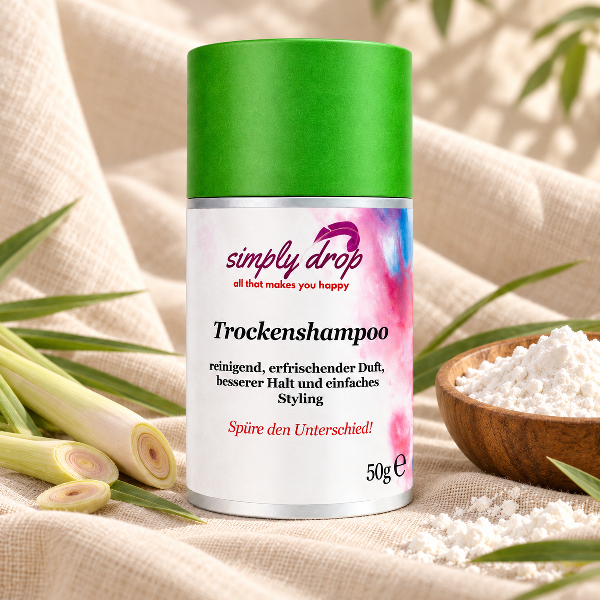 Trockenshampoo Lemongras, Dose mit Zitronengras und weißem Pulver