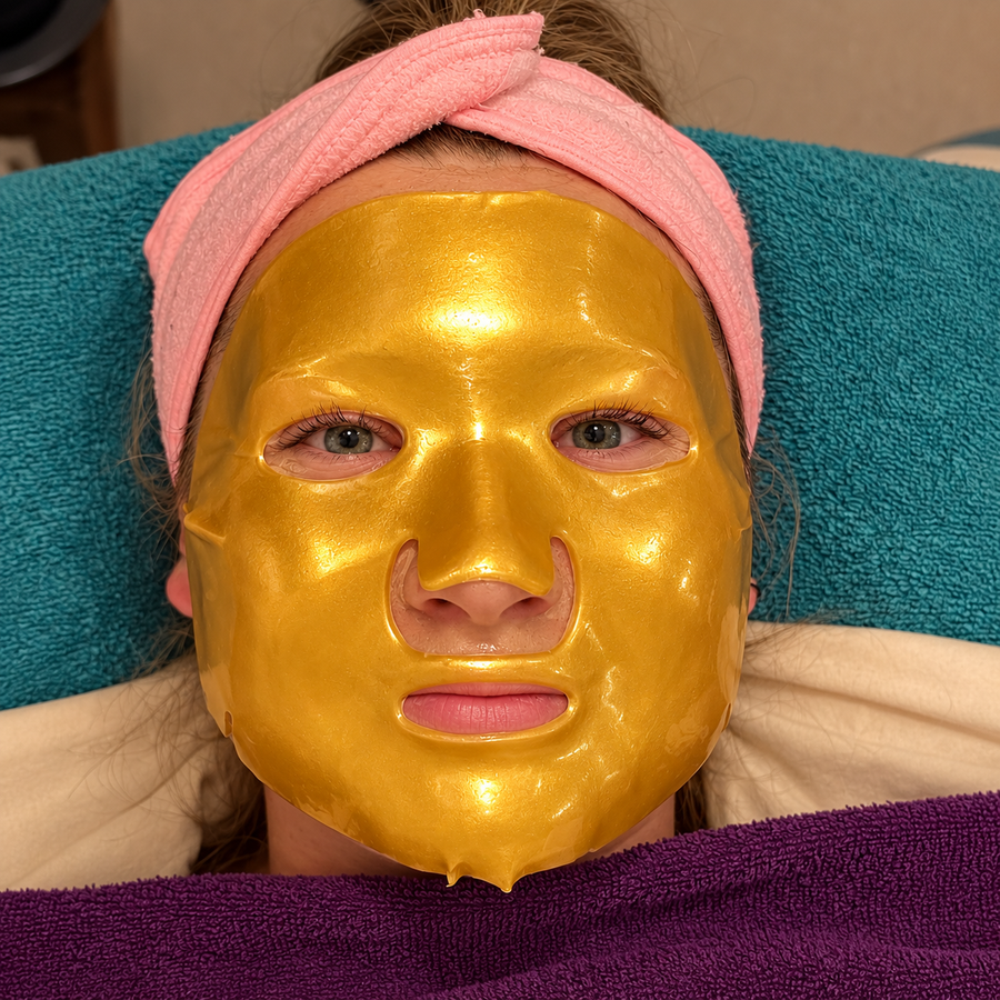 Kundin mit 24-Karat-Goldmaske bei einer Gesichtsbehandlung