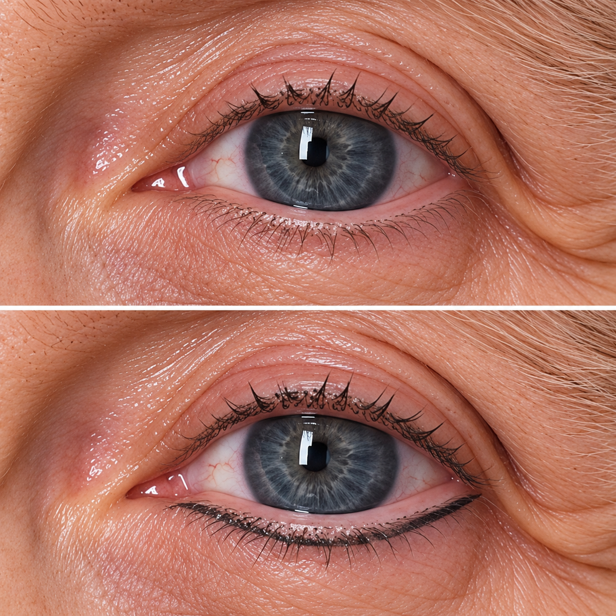 Auge vor und nach der Wimpernkranzverdichtung am unteren Lid
