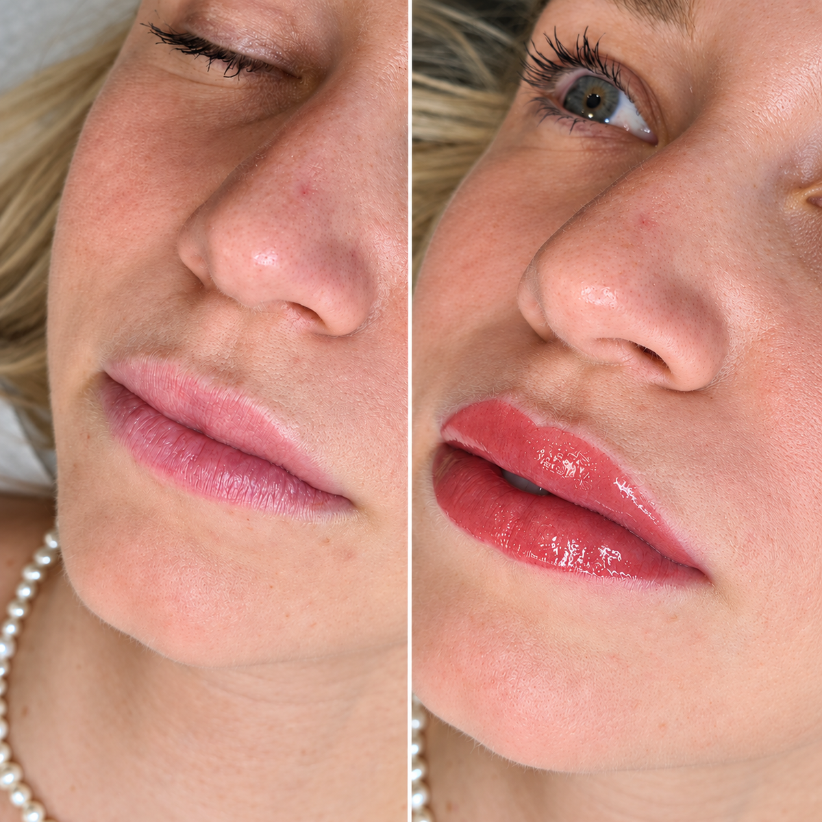 Lippen vor und nach der Pigmentierung, glänzendes Roserot