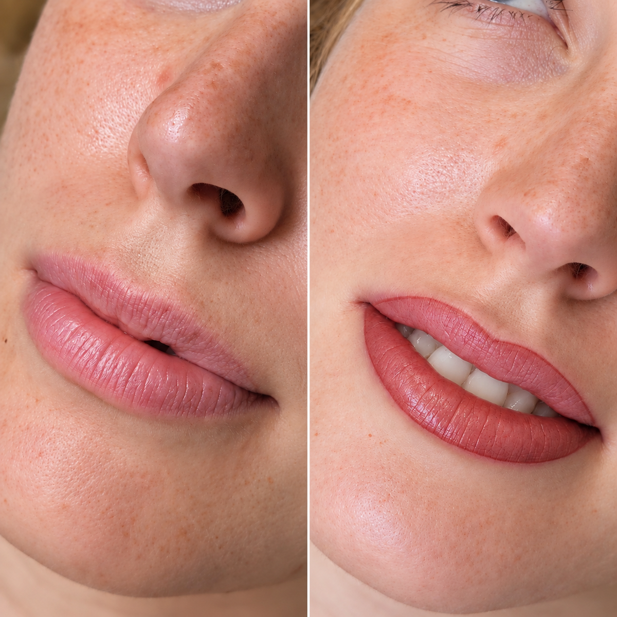 Lippen vor und nach der Pigmentierung, mattes Altrosa
